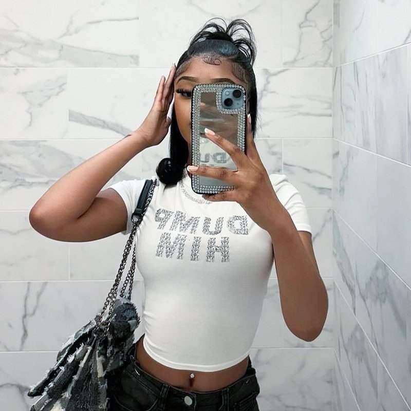 wholesale women sexy casual letter rhinestone white round neck basic t shirt crop tops for teenage girls