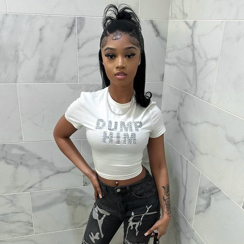 wholesale women sexy casual letter rhinestone white round neck basic t shirt crop tops for teenage girls