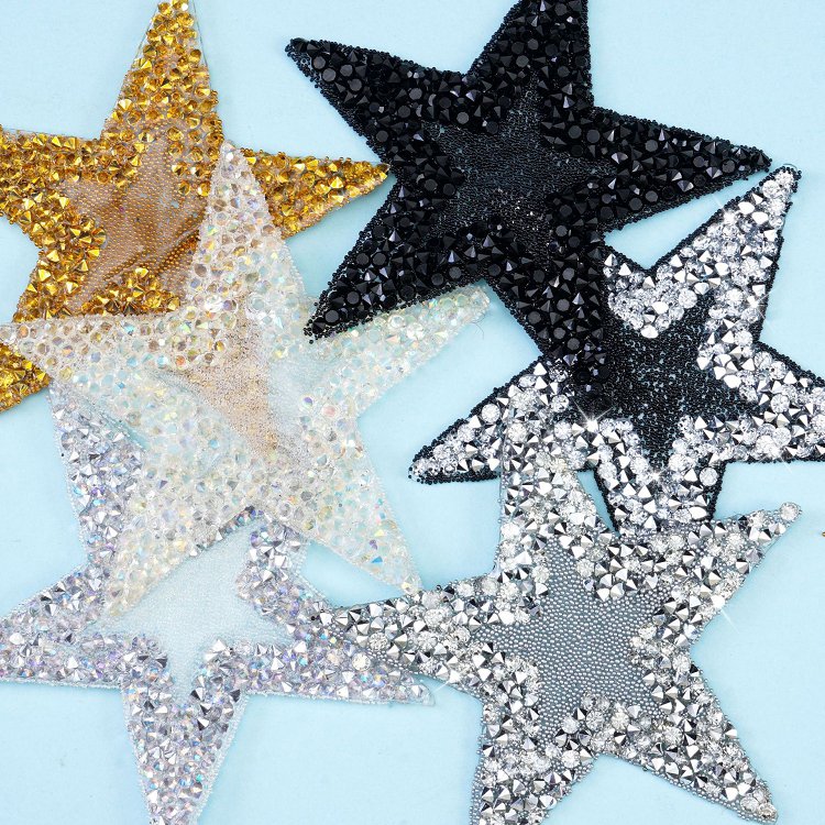 DIY custom stars colors iron on patches custom 3 inch heat press hot fix rhinestone beaded double star patches for bag garment