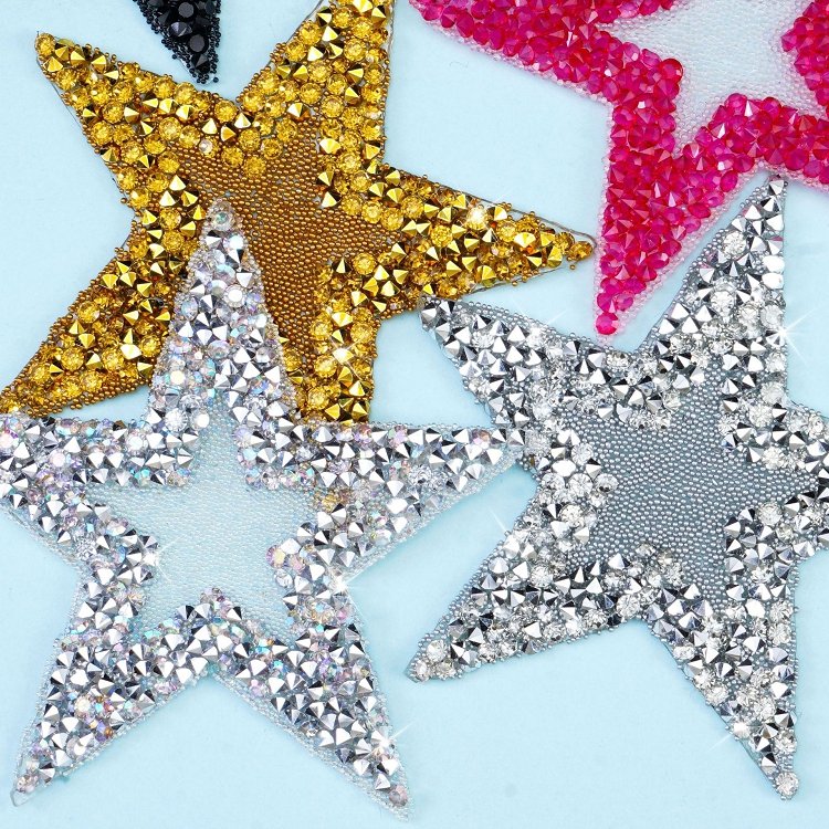DIY custom stars colors iron on patches custom 3 inch heat press hot fix rhinestone beaded double star patches for bag garment