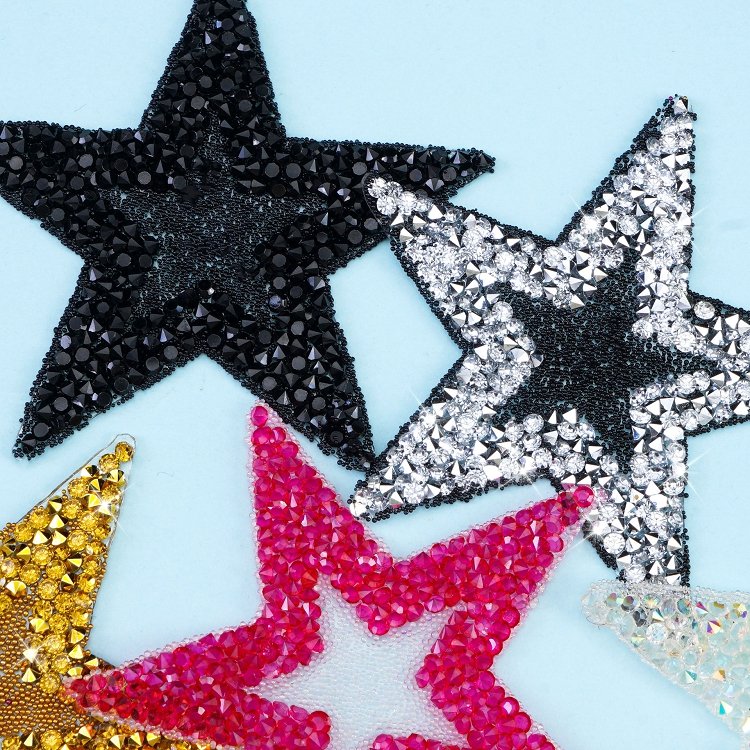 DIY custom stars colors iron on patches custom 3 inch heat press hot fix rhinestone beaded double star patches for bag garment