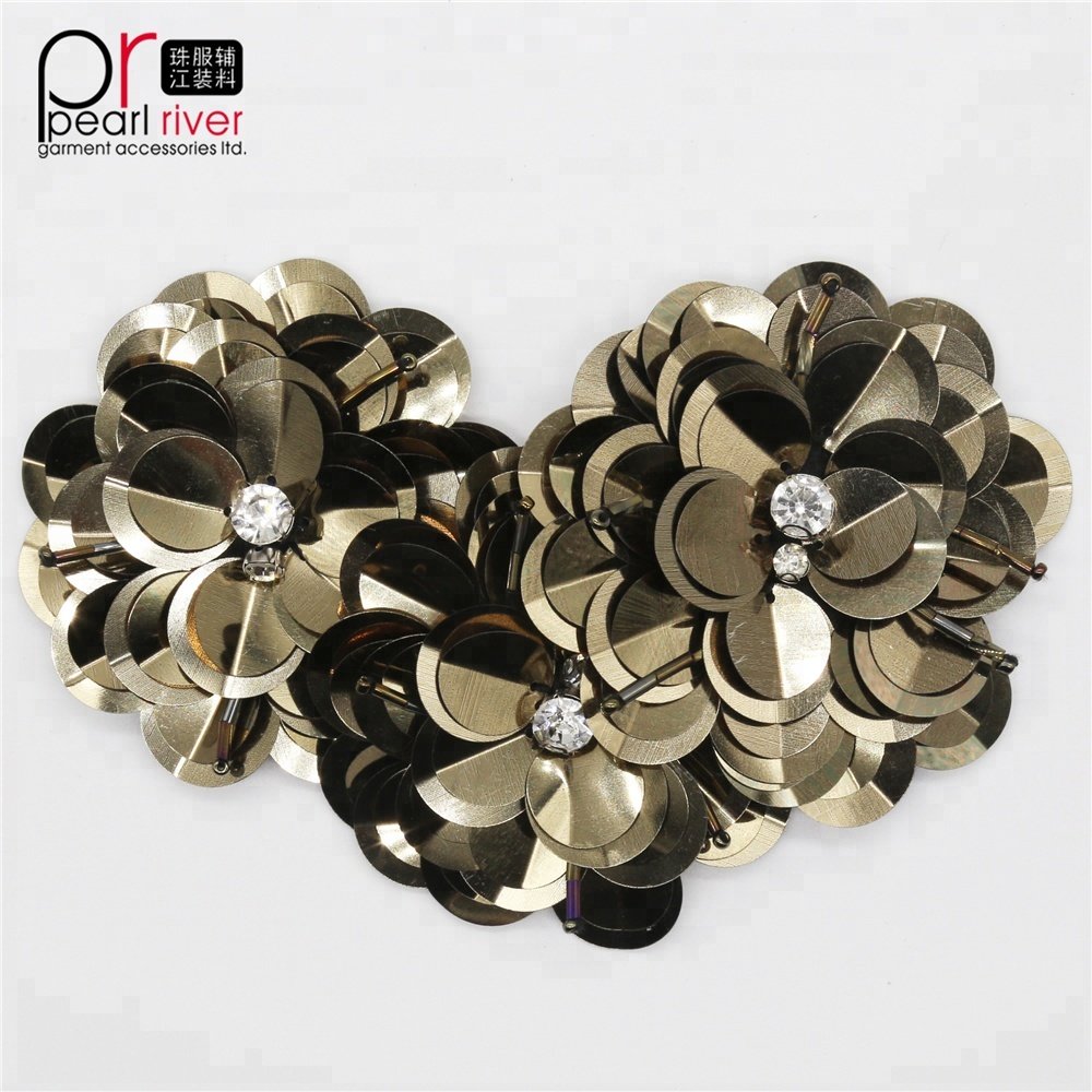 Wholesale gold flower 3d designs rhinestone sequin patches applique for shoes decoration