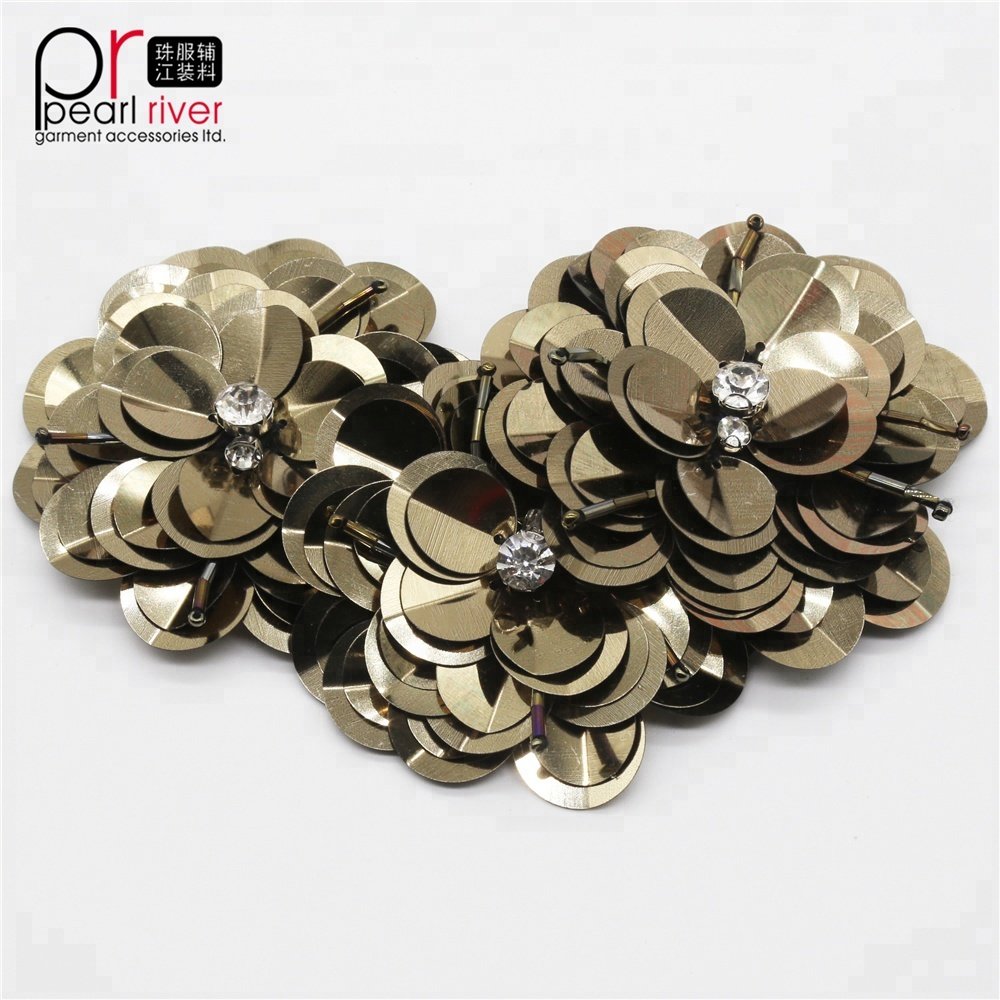 Wholesale gold flower 3d designs rhinestone sequin patches applique for shoes decoration