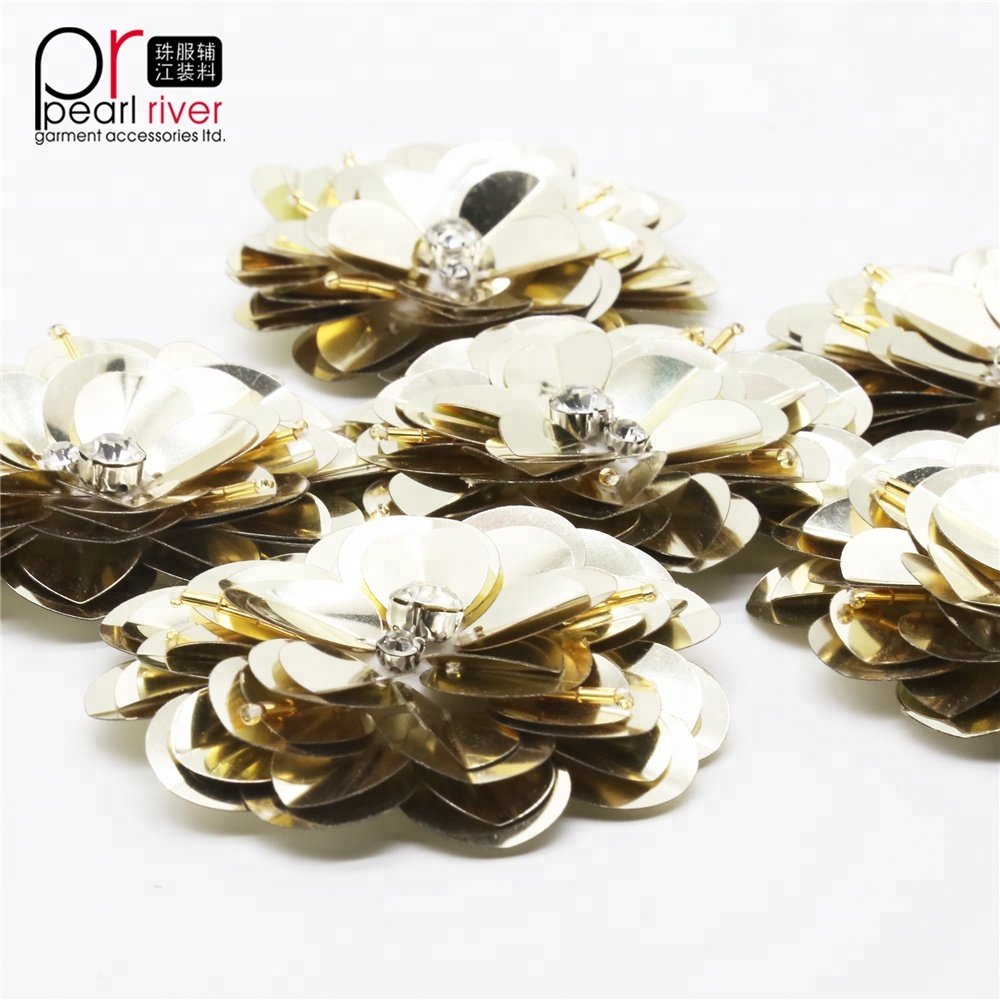 Wholesale gold flower 3d designs rhinestone sequin patches applique for shoes decoration