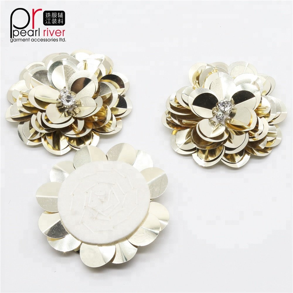 Wholesale gold flower 3d designs rhinestone sequin patches applique for shoes decoration