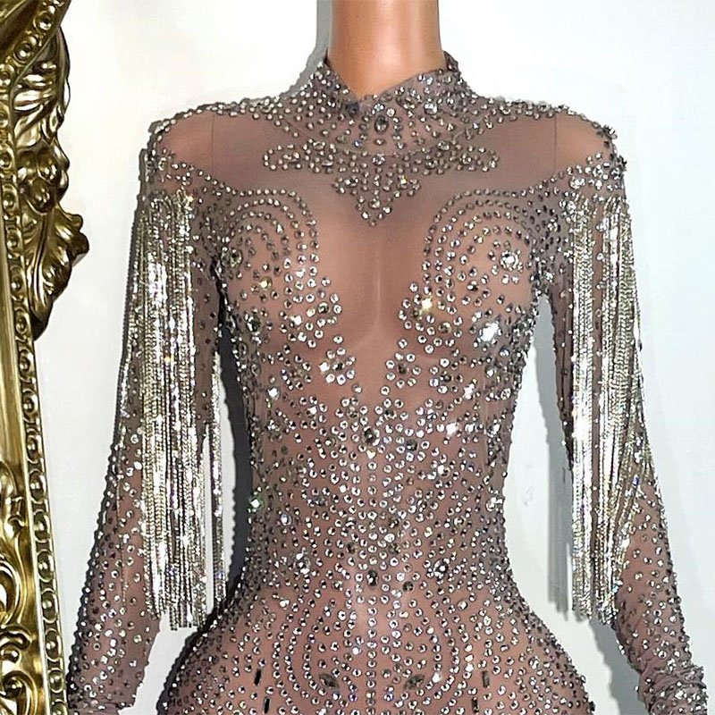 Sexy Mesh Rhinestone Crystal Tassel Short Mini Dresses Women Luxury Glitter Fringes Bodycon Birthday Nightclub Dance Party Dress