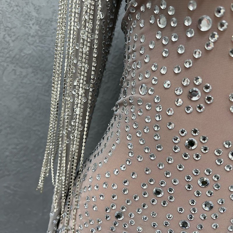 Sexy Mesh Rhinestone Crystal Tassel Short Mini Dresses Women Luxury Glitter Fringes Bodycon Birthday Nightclub Dance Party Dress