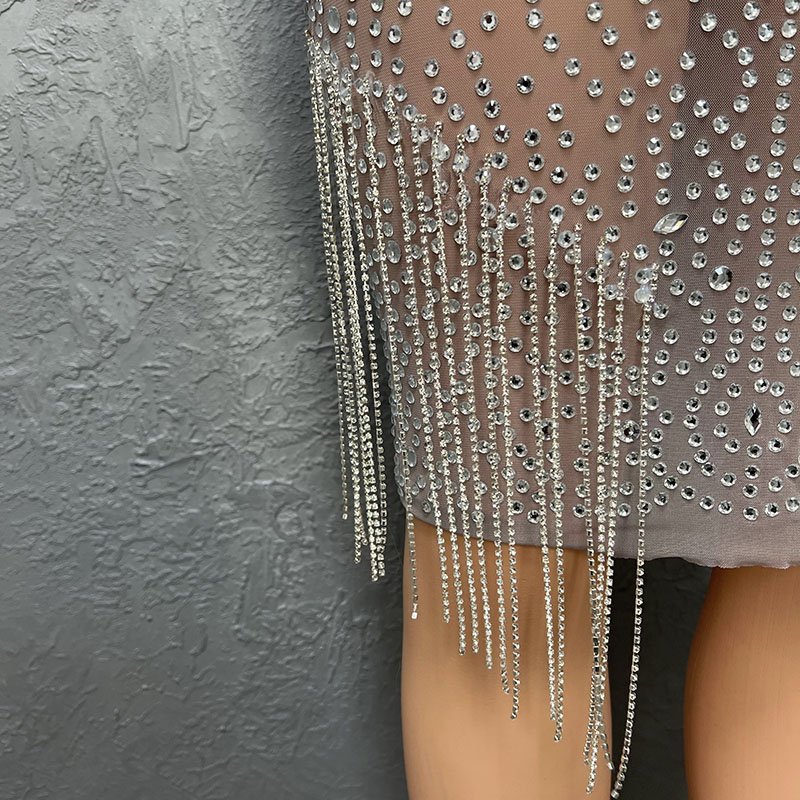 Sexy Mesh Rhinestone Crystal Tassel Short Mini Dresses Women Luxury Glitter Fringes Bodycon Birthday Nightclub Dance Party Dress