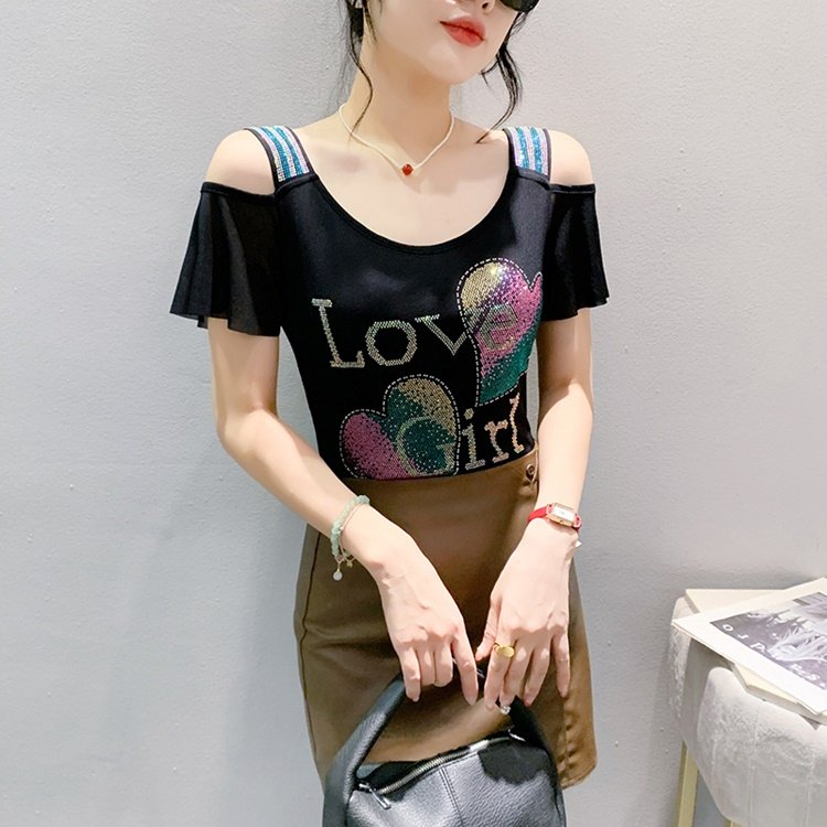 Factory Supply Women's Top Clothes Hot Press Rhinestone Pattern T-shirt Shiny LOVE GIRL Heart Short Sleeve Shirts For Girls