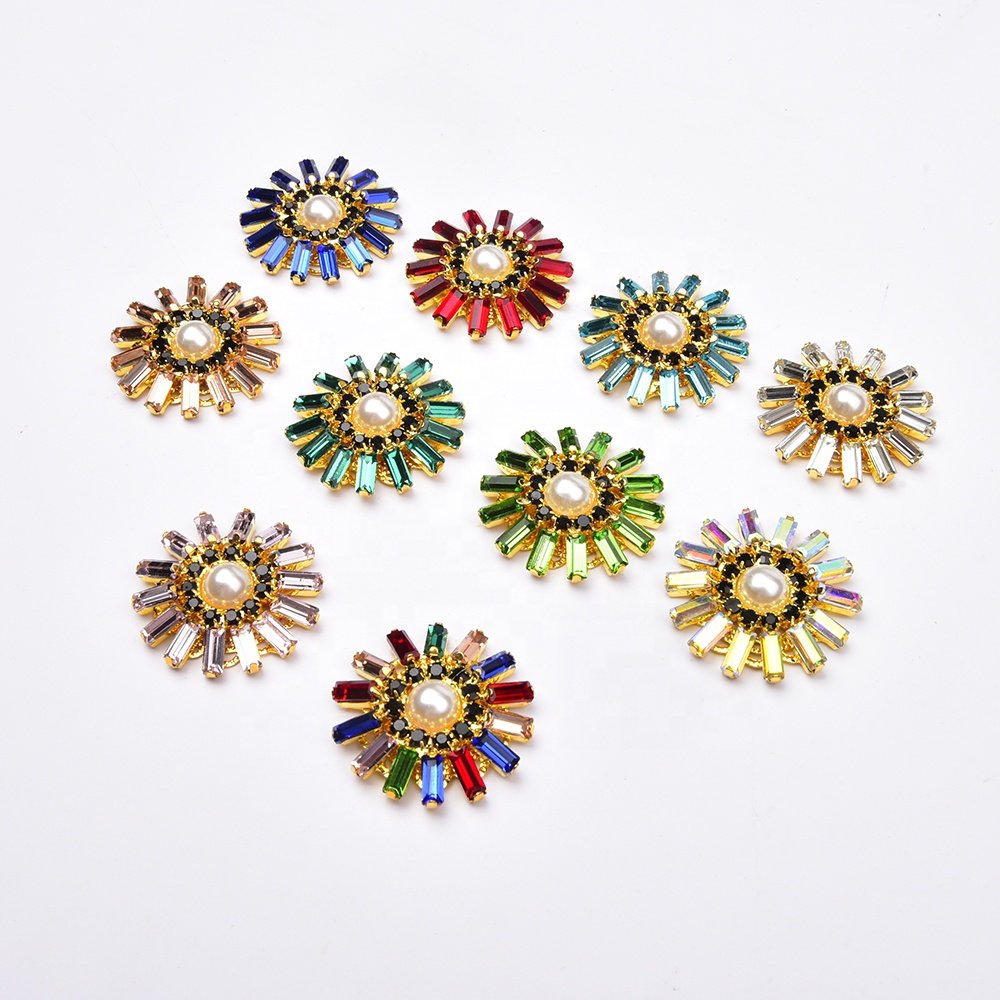 30mm Flat back Rectangle Round Crystal Rhinestone Flower Metal Decorative Button for clothes shoes bags