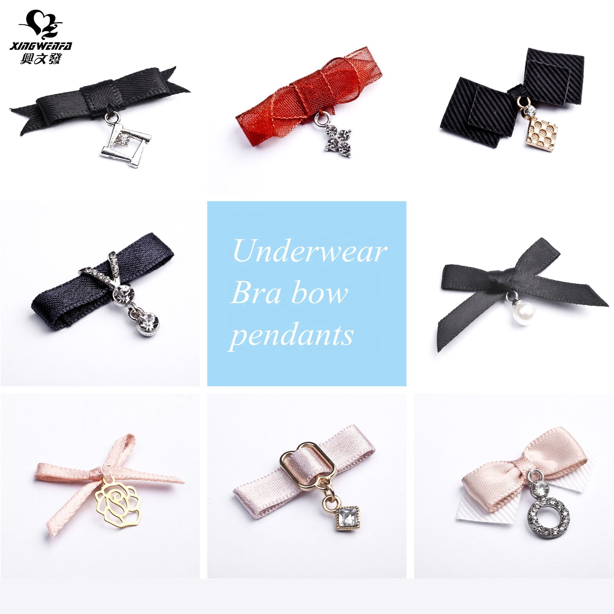 Underwear accessories glitter satin ribbon Factory wholesale underwear accessories beautiful rhinestone bra bow pendants
