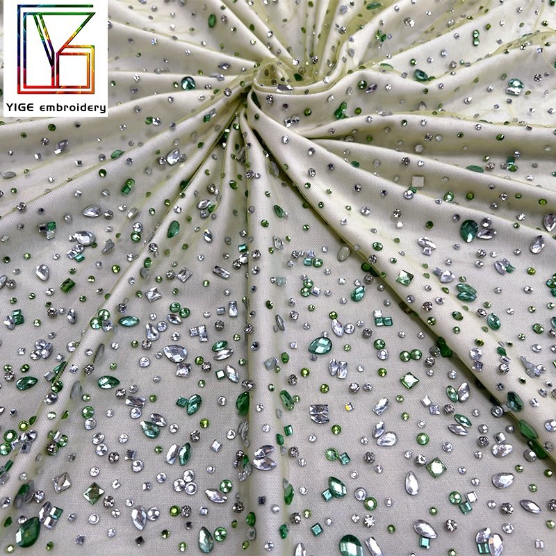 New womens swarovski crystal lace fabric Popular stone handmade green crystal tulle Pearl lace rhinestone fabric