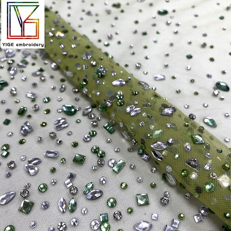 New womens swarovski crystal lace fabric Popular stone handmade green crystal tulle Pearl lace rhinestone fabric