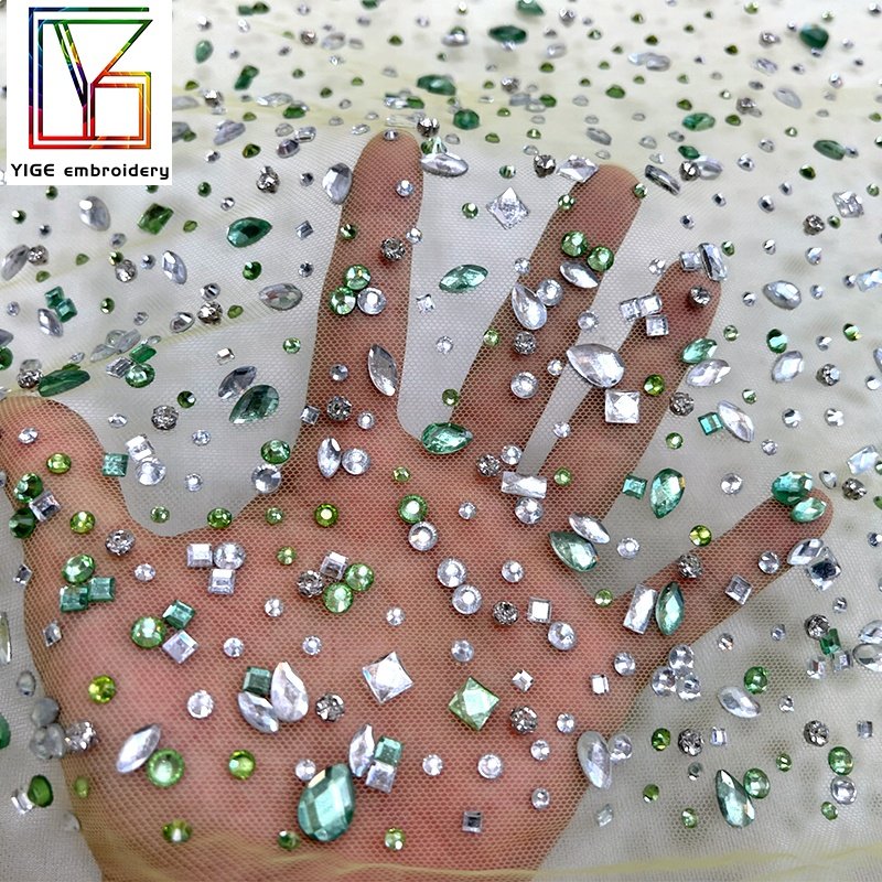 New womens swarovski crystal lace fabric Popular stone handmade green crystal tulle Pearl lace rhinestone fabric