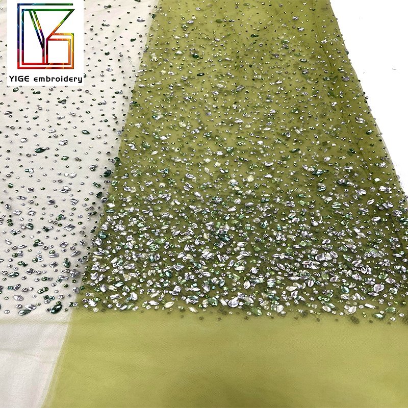 New womens swarovski crystal lace fabric Popular stone handmade green crystal tulle Pearl lace rhinestone fabric