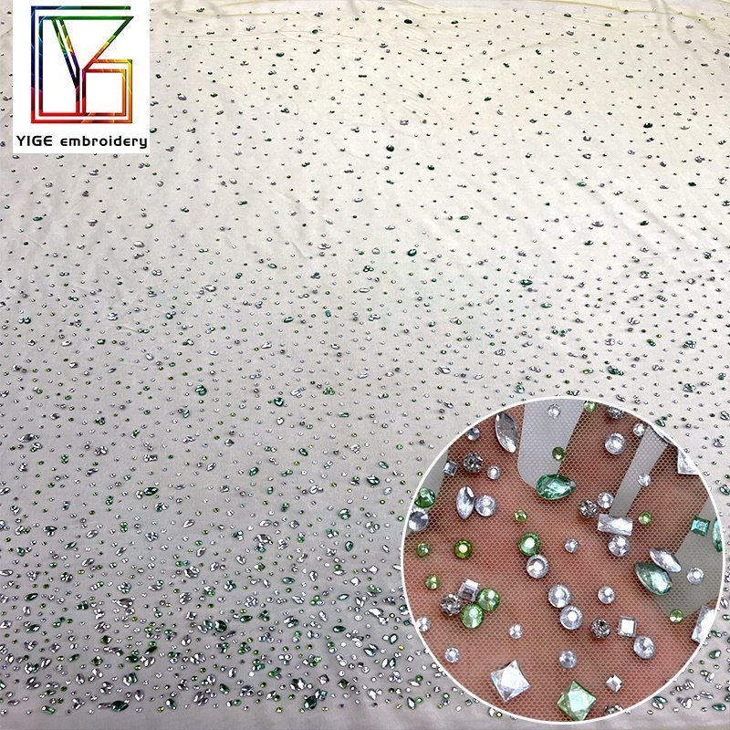 New womens swarovski crystal lace fabric Popular stone handmade green crystal tulle Pearl lace rhinestone fabric