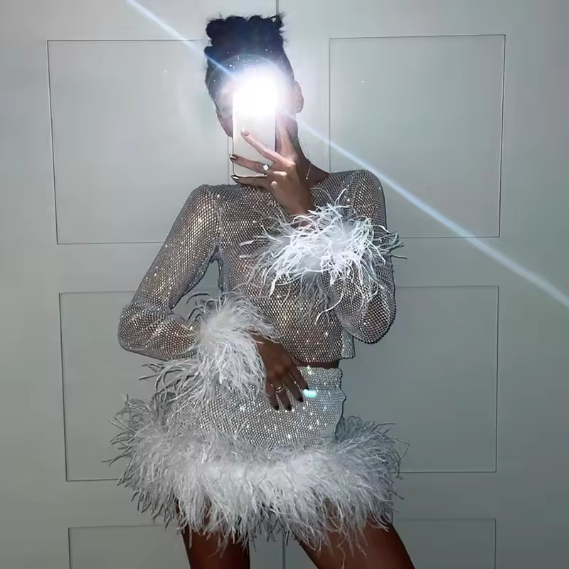 Luxury Sexy Party Birthday Diamond Dress Women Rhinestone Mesh Dress with Ostrich Feather Cuffs
