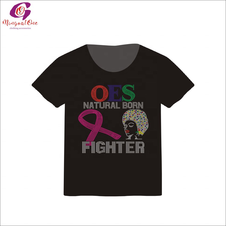 On Sale Shiny Pink Ribbon Hot Fix Rhinestone Transfer Design Custom FIGHTER Ribbon Rhinestone Heat Transfer Design for Shirt
