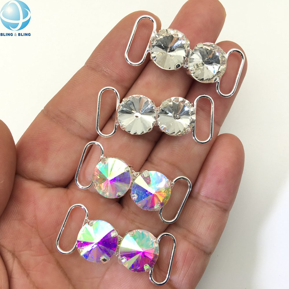 37mm Small Size Two Satellite Crystal AB Color Bra Connector Single Row Round Rhinestone Bikini Chains For Bodybuilding Suit