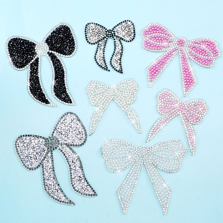 Wholesale RTS hot fix bowknot rhinestone appliques patch iron on sparkly bling bow shaped rhinestones patch for clothing hat