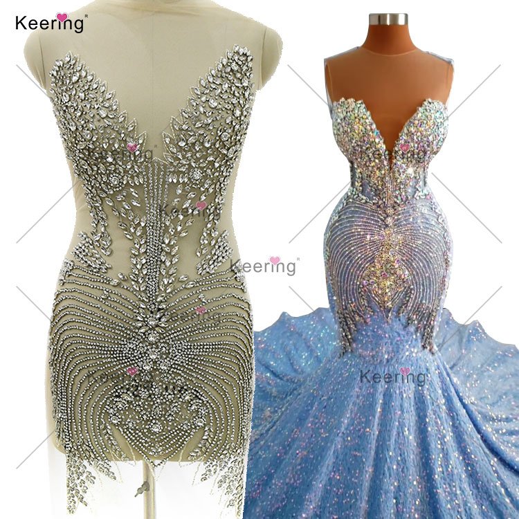 WDP-450 Keering Quality Rhinestone Bodice Applique Full Body Beaded Crystal Evening Dresses Patches For Gown