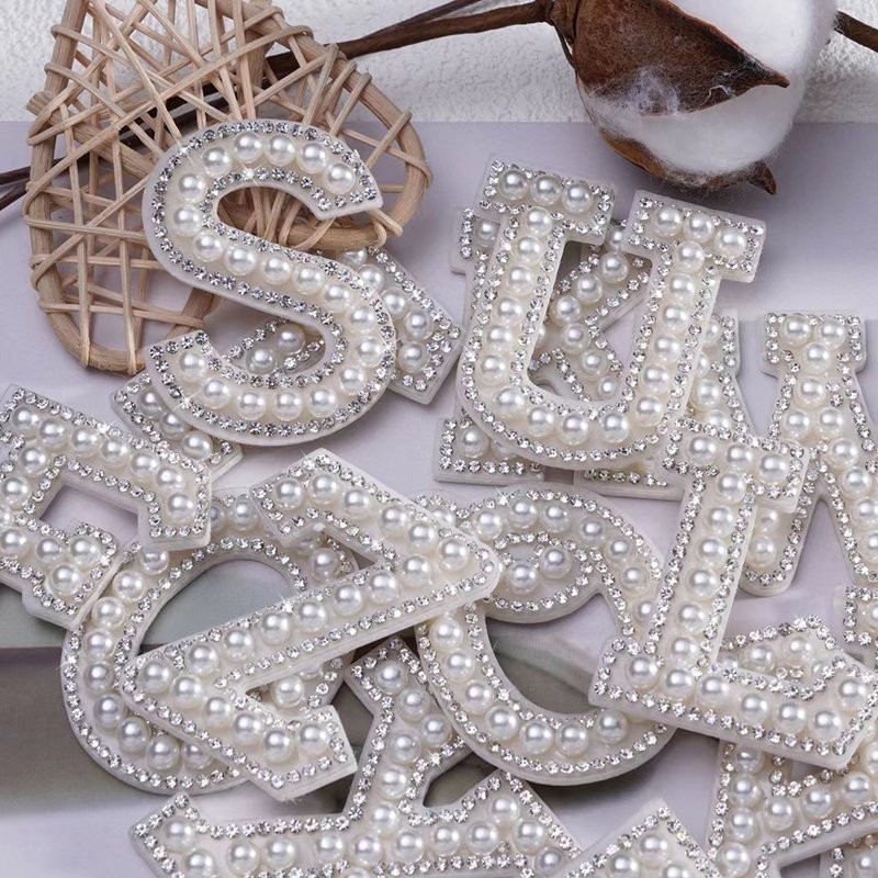 Heat press clothing letter logo bulk custom alphabet iron on trucker hat for clothes bead pearl rhinestone patches for bags