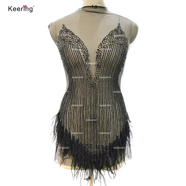 WDP-410 Keering Handmade Rose Gold Rhinestone Bodice Hot Sale Club Party Dress Black Lace Applique Deep V With Feathers