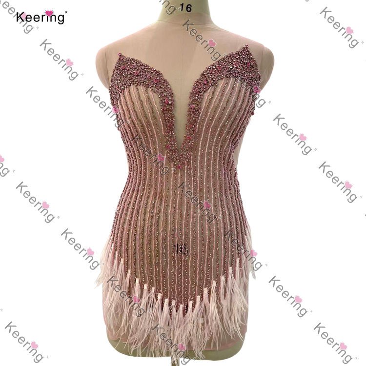 WDP-410 Keering Handmade Rose Gold Rhinestone Bodice Hot Sale Club Party Dress Black Lace Applique Deep V With Feathers