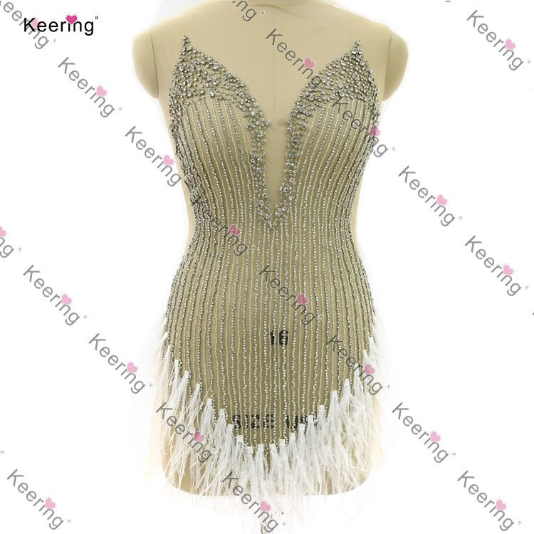 WDP-410 Keering Handmade Rose Gold Rhinestone Bodice Hot Sale Club Party Dress Black Lace Applique Deep V With Feathers