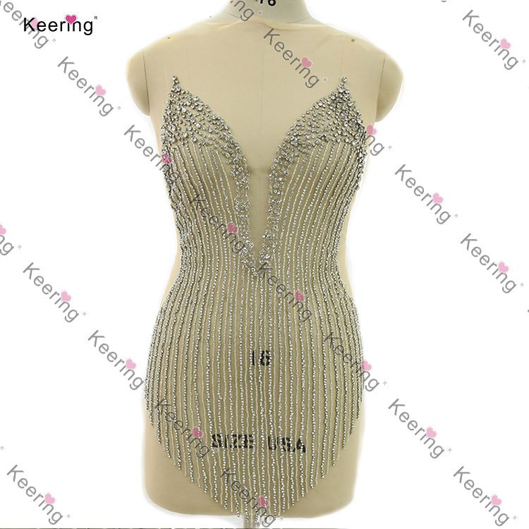 WDP-410 Keering Handmade Rose Gold Rhinestone Bodice Hot Sale Club Party Dress Black Lace Applique Deep V With Feathers
