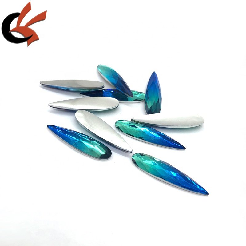 Ombre Royal and Turquoise Gradient 9x36mm teardrop shape resin rhinestones for garment decoration