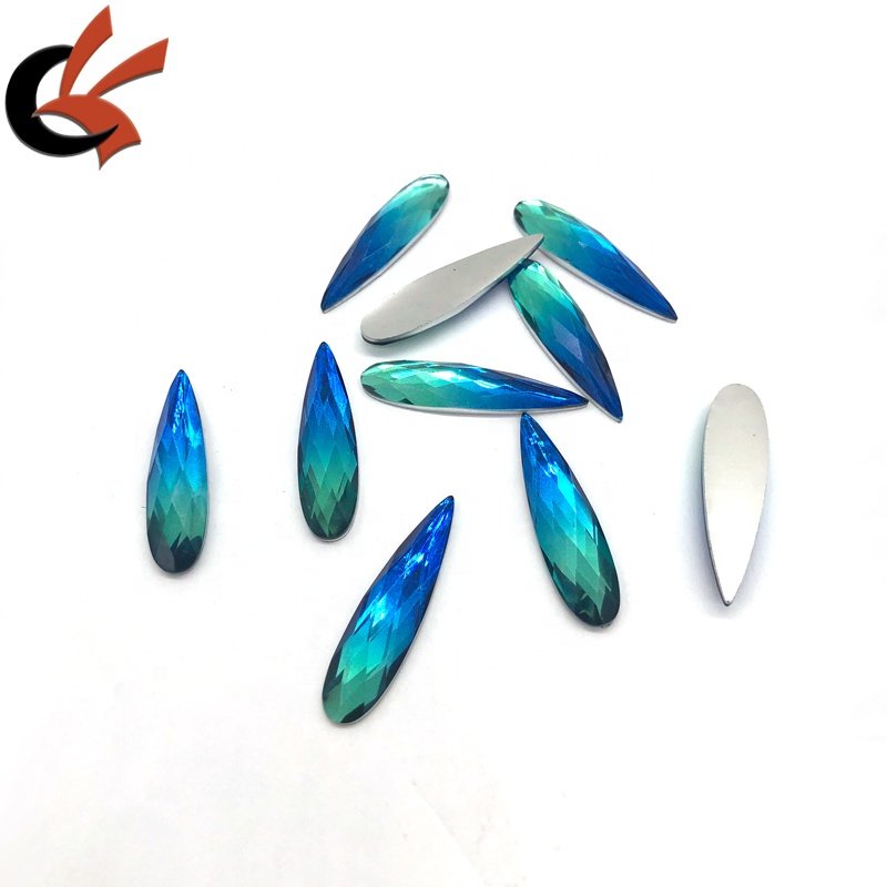 Ombre Royal and Turquoise Gradient 9x36mm teardrop shape resin rhinestones for garment decoration