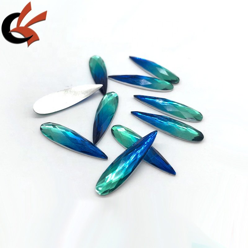 Ombre Royal and Turquoise Gradient 9x36mm teardrop shape resin rhinestones for garment decoration
