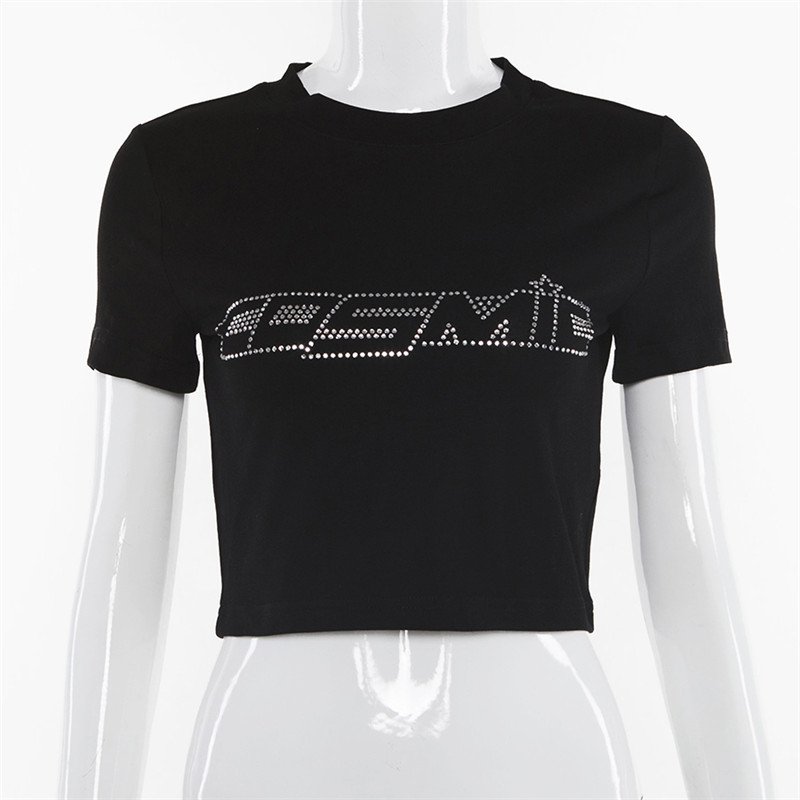 Low MOQ Custom Bling Cropped Tops Tees Shirt with Rhinestone Logo