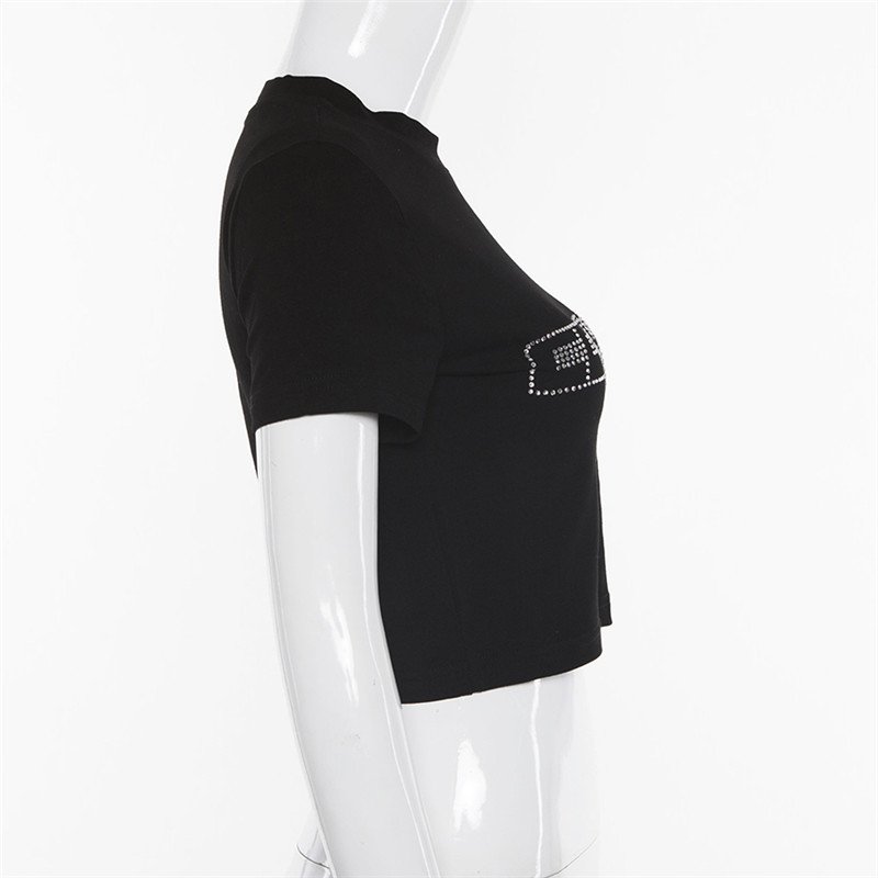 Low MOQ Custom Bling Cropped Tops Tees Shirt with Rhinestone Logo