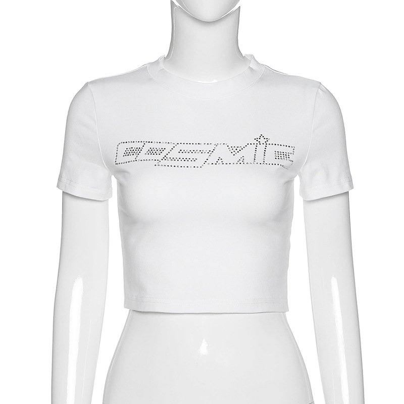 Low MOQ Custom Bling Cropped Tops Tees Shirt with Rhinestone Logo