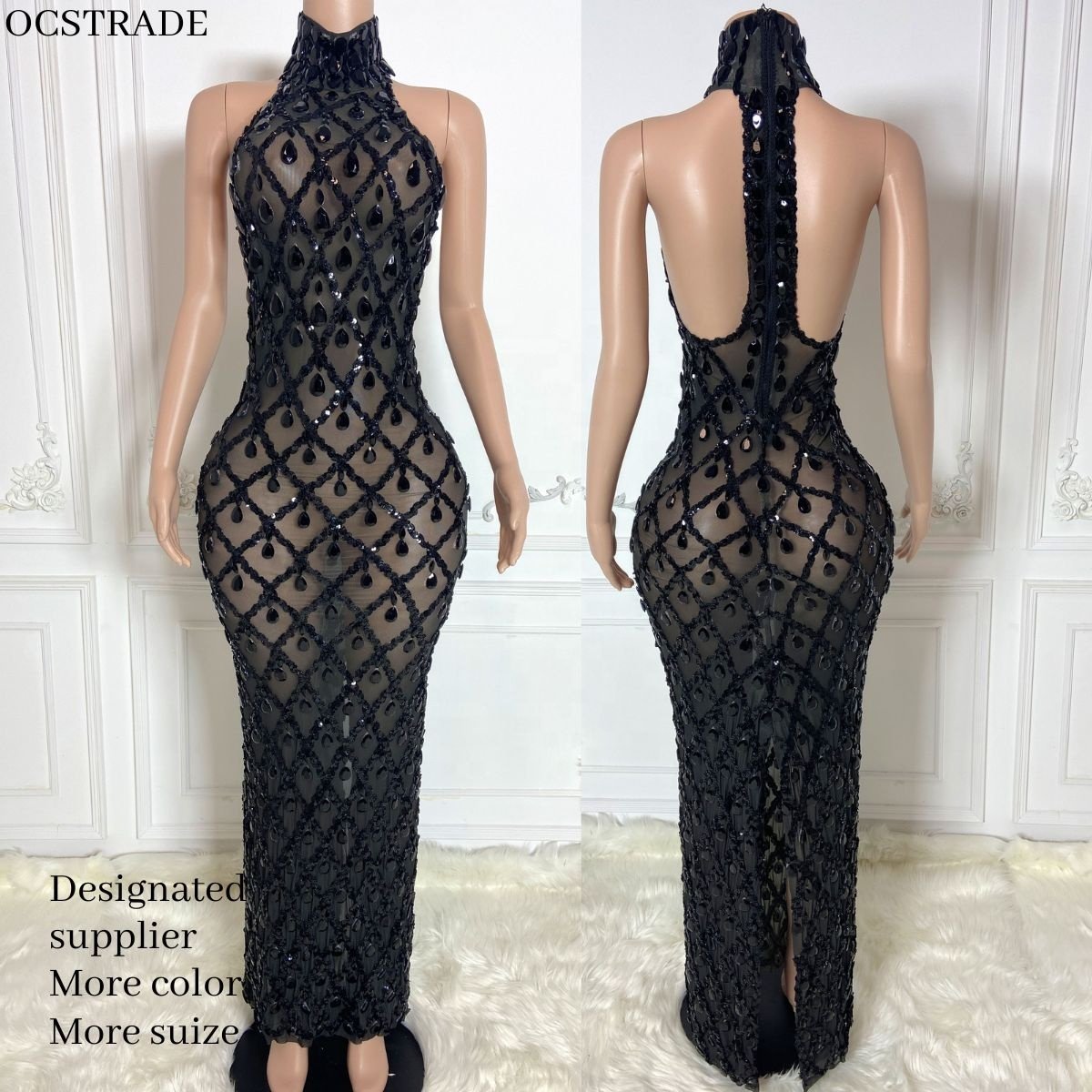 Ocstrade Hot Selling Elegant Black Rhinestone Diamond Luxury Studded Mesh Hollow Out Dress Long Gowns For Women Evening Dresses