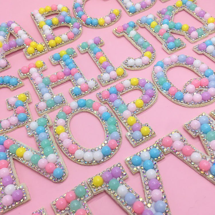 Macaroon Color Alphabet Acrylic Round Beads Rhinestone Words Iron On Patches Applique 3D Handmade Patch Initial Letter Patches