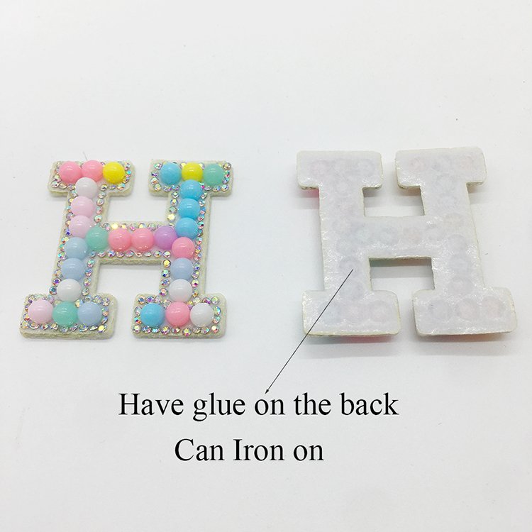 Macaroon Color Alphabet Acrylic Round Beads Rhinestone Words Iron On Patches Applique 3D Handmade Patch Initial Letter Patches
