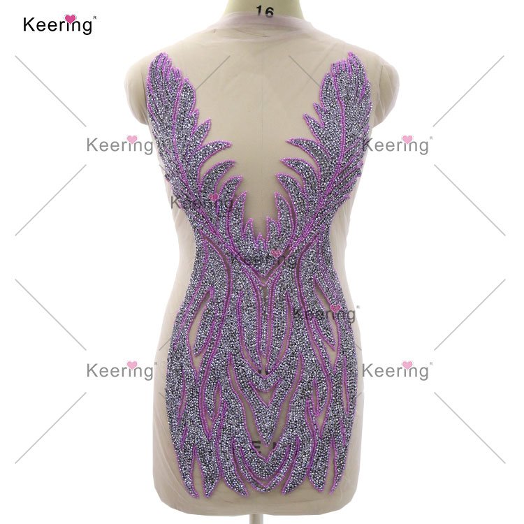 WDP-368 Keering Custom Color Crystal Dress Patch Beaded Lavender Rhinestone Bodice Applique Bridal Purple