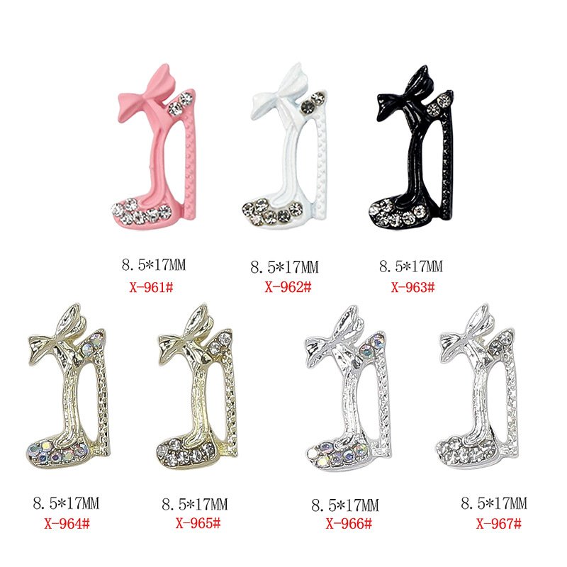 Popular Shiny Alloy High Heel Shoas Bow Nail Charms Kawaii Bowknot Shoe Nail Rhinestones For Diy Nail Decorations