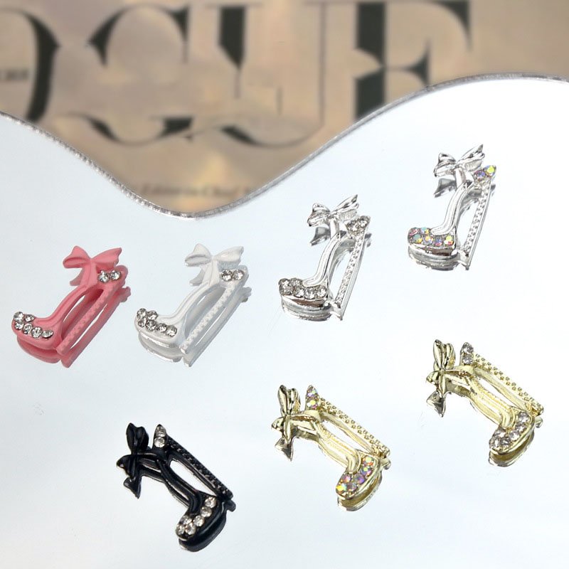 Popular Shiny Alloy High Heel Shoas Bow Nail Charms Kawaii Bowknot Shoe Nail Rhinestones For Diy Nail Decorations
