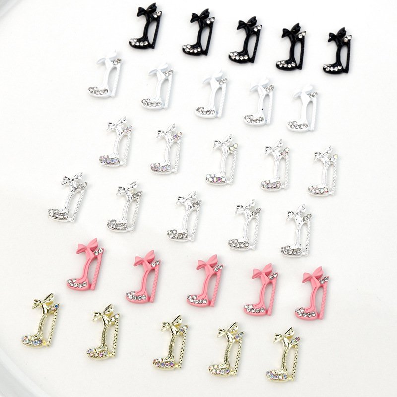 Popular Shiny Alloy High Heel Shoas Bow Nail Charms Kawaii Bowknot Shoe Nail Rhinestones For Diy Nail Decorations