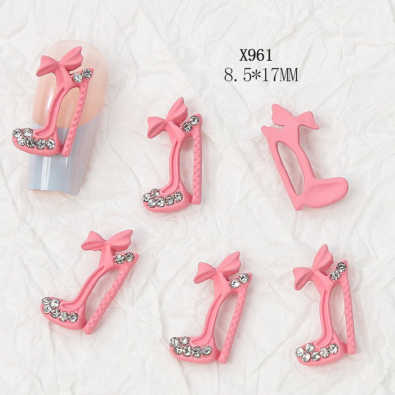 Popular Shiny Alloy High Heel Shoas Bow Nail Charms Kawaii Bowknot Shoe Nail Rhinestones For Diy Nail Decorations