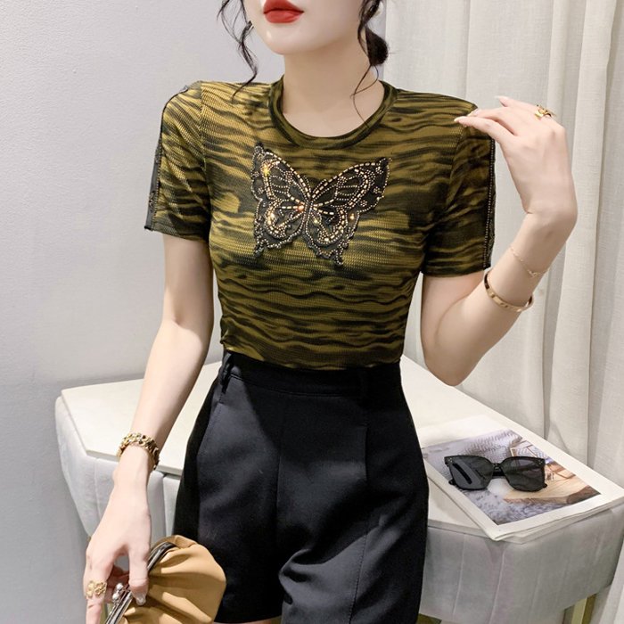Women Sexy Slim Knit Casual Leopard T-Shirts with Butterfly Rhinestone and Shiny Sequins Short Sleeve Nightclub Undershirt Tops