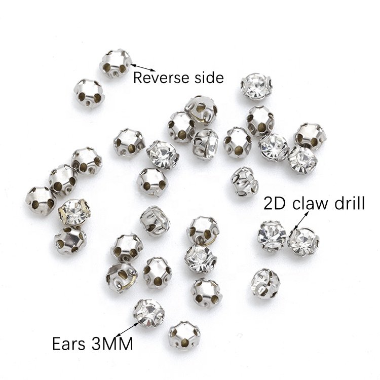 Wholesale high quality hand sewn 3 4 5 6 7 8 10mm 2D type claw drill rhinestone clothing attachment rhinestones with claws