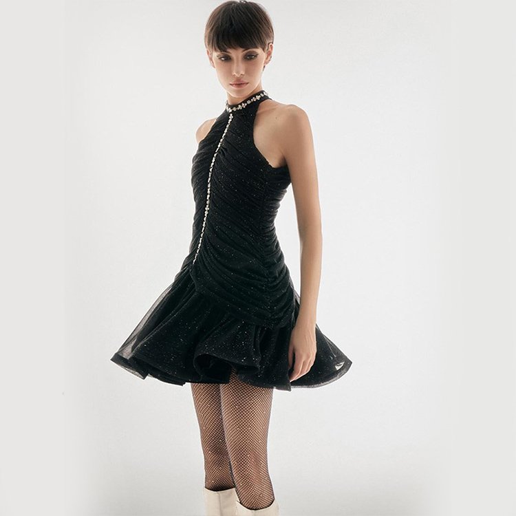 Fashion Party Solid Color Halter Sleeveless A Line Pleated Rhinestone Mesh Dress For Women