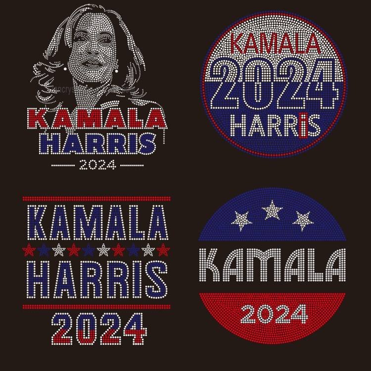 New design bling kamala Harris rhinestone transfer heat press crystal design hot fix iron on patches for tshirts hoodie cap