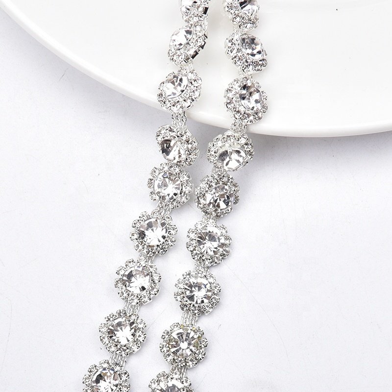 12mm Rose Gold/Silver Glass Rhinestone Trim Applique Crystal Flower Metal Cup Chain for Bikini Shoes Bags