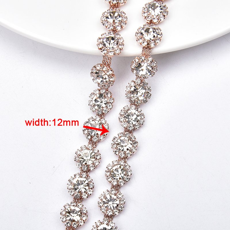 12mm Rose Gold/Silver Glass Rhinestone Trim Applique Crystal Flower Metal Cup Chain for Bikini Shoes Bags